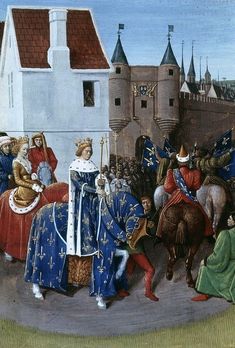 an image of a painting of people in medieval dress and on horseback with other people