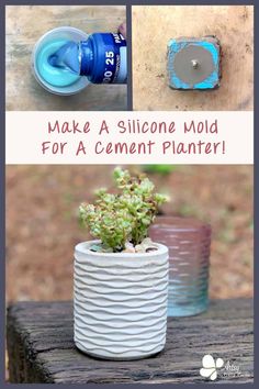 the instructions to make a diy vase for a cement planter that is painted blue