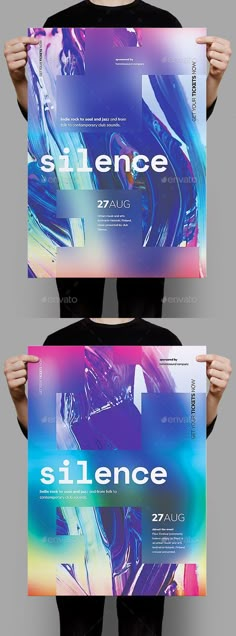 two posters with different colors and shapes in the same photo, one is showing an abstract background