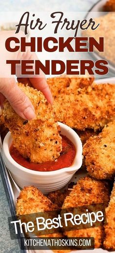 Learn how to make the best air fryer chicken tenders recipe that's crispy, healthy, perfect for kids, can be frozen and is one of the best air fryer chicken recipe. Use boneless chicken breasts or tenderloins and serve with garlic parmesan sauce or just on their own with the irresistible garlic parmesan flavor. Get this breaded chicken tenders recipe at kitchenathoskins.com.