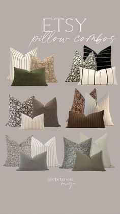 pillows with different patterns and colors on them, all in various sizes and shapes are shown