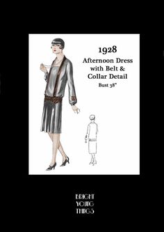 "Original Vintage Design;  1928 satin crepe afternoon dress with belt and sleeve detail made of brocade fabric. The front of the skirt is cut bell-shaped. The wide belt makes this dress classy and modern. Measurements: Bust 38\" (96cm), Waist 30\" (76cm), Hip 44\" (106cm) I am fortunate enough to have a collection of old pattern magazines from the 1920s and 30s and I am in the process of reproducing the gorgeous designs from the pattern sheets included with these magazines. The patterns have bee Chicago Costume, Midi Dress Pattern, Flapper Party, Silk Dress Vintage, Afternoon Dress, Singer Sewing, Patterned Sheets, Dress With Belt, Sewing Skills