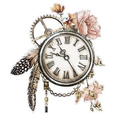 an old clock with flowers and feathers on it's face, isolated against a white background