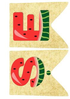 two pieces of paper with the letters u and c on them, one has watermelon