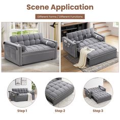 an image of a couch and ottoman with instructions to make it look like they are in the