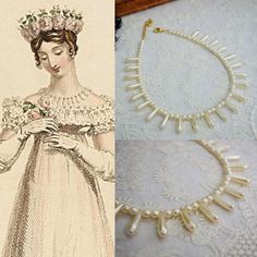 This necklace was inspired by historical images like the early 19th Century fashion plate shown in the second image.  This style was called a "fringe necklace" and was very popular in the Regency and Victorian eras!  Made with vintage faux stones in a creamy color, the narrow teardrop pearls make for an especially elegant effect when worn.  16" long with a 3" extension chain for adjustability.  Dames a la Mode is inspired by history! See my shop for more jewelry with historical influences: https://www.etsy.com/shop/damesalamode Regency Era Accessories, Jewelry 18th Century, Early 19th Century Fashion, Regency Accessories, Regency Jewelry, Pearl Fringe, Period Piece, Victorian Necklace, Creamy Color