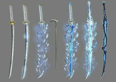 an assortment of swords with blue lights in the middle and white frost on them, all against a gray background