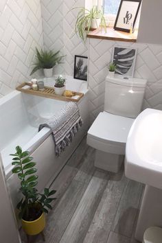 a bathroom with a toilet, sink and bathtub next to a potted plant