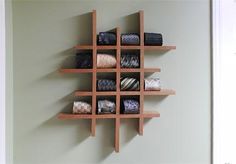 a wooden shelf with many different items on it