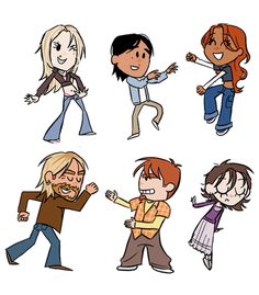 six cartoon people are dancing together in different poses, with one person smiling and the other pointing