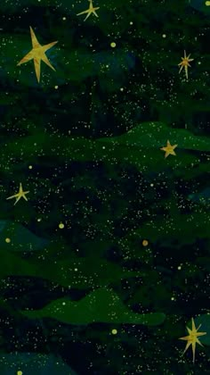 stars in the night sky with green and gold paint on them, as well as black background