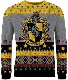 a sweater with the hogwarts crest in yellow and black, on a white background