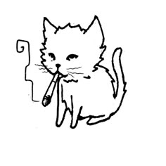 a black and white drawing of a cat with a pipe in it's mouth