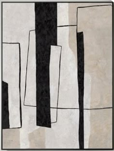 an abstract painting with black and white lines on the bottom half of it, against a beige background