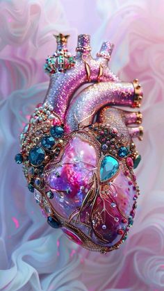 a heart shaped brooch sitting on top of a pink and blue background with lots of crystals