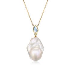 Products are offered in three styles. With baroque pearl With round baroque pearl Gemstones Only Details: 14K Solid Gold 5 x 7 mm Pear-Shaped Moonstone｜Blue｜ Eye Clean Moonstone CTW: 0.80 Diamond Color-Clarity: G Color｜VS Clarity Diamond CTW: 0.04 Freshwater Baroque Pearl Approx. 15 x 25 mm Freshwater Round Baroque Pearl 12-13 mm Each baroque pearl, a unique treasure, is naturally cultivated, graced with its own distinctive texture. You can either wear the opalescent blue Moonstones alone for li Baroque Pearl Pendant Necklace In Pear Shape, Elegant Baroque Pearl Teardrop Pendant Jewelry, Luxury Baroque Pearl Teardrop Pendant Necklaces, Classic Pear-shaped Baroque Pearl Necklace, Pear-shaped Baroque Pearl Pendant Necklace, Blue Moonstone, Pearl Gemstone, Moon Stone, Baroque Pearls