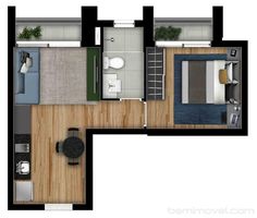 an overhead view of a small apartment floor plan