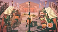 an animated view of a restaurant with tables and chairs in the middle of the street