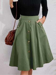 Casual A-Line Buttoned Pleated Solid Color Skirts ARMY GREEN-M Skirt Tulle, Business Formal Dress, Coachella Dress, Formal Dresses Gowns, Work Skirts, Elegante Casual, Skirt Midi, Vestidos Vintage, Professional Dresses