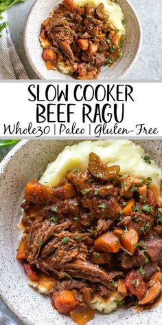 slow cooker beef ragu in a bowl with mashed potatoes