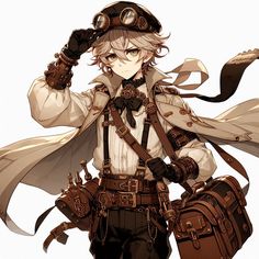 Steampunk Winter Outfit, Inventor Outfit Male, Steampunk Mechanic Character Design, Steampunk Tinkerer, Train Conductor Oc, Male Adventurer Character Design, Train Conductor Character Design, Gambler Character Design, Archeologist Character Design