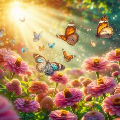 many butterflies flying in the sky above pink flowers and green grass with sunbeams