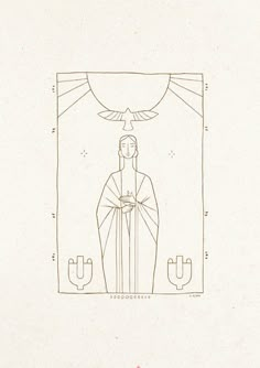 a line drawing of a person holding a wine glass in front of an image of the virgin mary