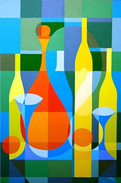 an abstract painting of bottles and glasses on a blue, green, yellow, orange and white background