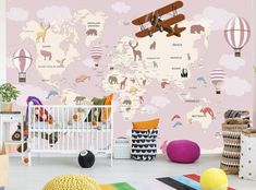 a child's room with a map wallpaper