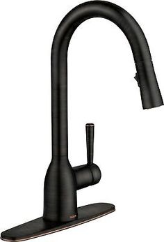 a black kitchen faucet with the pull out sprayer