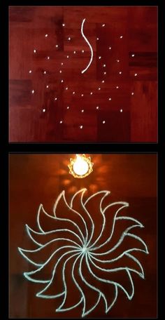 two pictures with white lights on them and one has an image of a flower in the middle