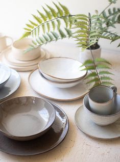 a table topped with plates and cups next to a plant