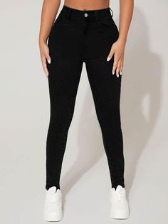 Preto  Collar  Jeans Simples Skinny Embellished Elasticidade Média  Jeans para Mulheres High Waist Black Jeans, Jeans Black Women, Black High Waisted Jeans, Black Jeans Pants, Black Jeans For Women, Black High Waisted Jeans Outfit, Jeans Black, Jeans Noir, Black Tight Casual Jeans