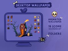 the desktop wallpaper is designed to look like an animated computer screen with halloween decorations on it