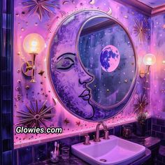 a bathroom with a sink, mirror and stars on the wall above it that has a woman's face painted in purple