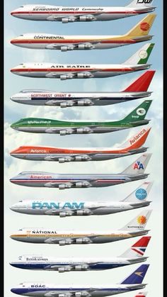 an image of airplanes flying in the sky with different colors and sizes on it's sides