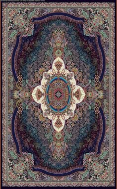 an intricately designed carpet with blue and red colors