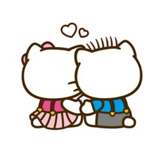 an image of hello kitty and her cat friend hugging each other with hearts above them