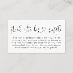 a white business card with the words, stock the bar and craftie on it