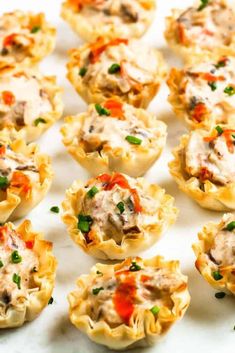 small shells filled with meat and veggies on top of a white countertop