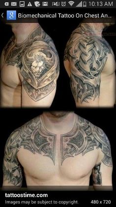 three different views of a man's chest with tattoos on it