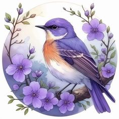 a bird is sitting on a branch with purple flowers