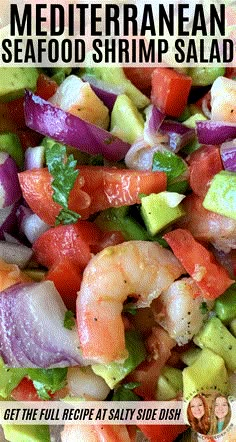 a salad with shrimp, avocado and red onion