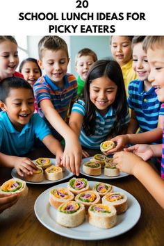 children are gathered around a table with small sandwiches on it and the title reads 20 school lunch ideas for picky eaters