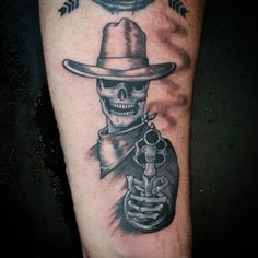 Country Bicep Tattoo, Trucker Tattoos For Men, Western Cowboy Skeleton Tattoo, Country Skeleton Tattoo, Cowboy Skull Tattoo Design, Cowboy Western Tattoos For Men, Mens Western Tattoos