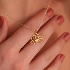 This 14K Solid Gold Lotus Necklace would be the perfect Christmas gift for your daughter, wife, or mother. Lotus Flower Symbol Jewellery represents the symbolism of enlightenment, beauty and new beginnings. It is highly sacred in many cultures throughout the world including Hinduism, Buddhism and Ancient Egypt This minimalist personalized piece is a perfect Christmas gift to share your love and be memorable for years. Minimalist, custom, dainty, special to you... ♡ LOTUS NECKLACE ✣ * Made to Ord Gold Flower Pendant Jewelry For Wedding, Gold Wedding Jewelry Gift, Dainty Flower Pendant Jewelry For Wedding, Sterling Silver Bridal Necklace As Gift, Simple Gold Jewelry For Wedding, Adjustable Bridal Necklace As Gift, Adjustable Bridal Necklace Gift, Simple Rose Gold Necklace For Wedding, Round Necklaces For Wedding Gifts