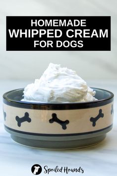 homemade whipped cream for dogs in a bowl with text overlay that reads homemade whipped cream for dogs