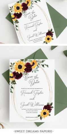 wedding stationery with sunflowers and greenery