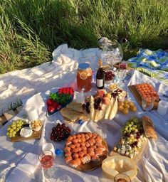 an outdoor picnic is set up with food and drinks on the table, along with snacks