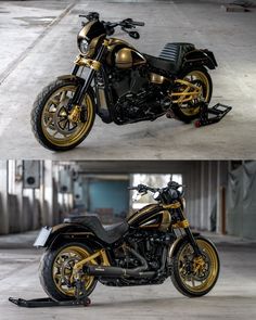 two pictures of a gold and black motorcycle